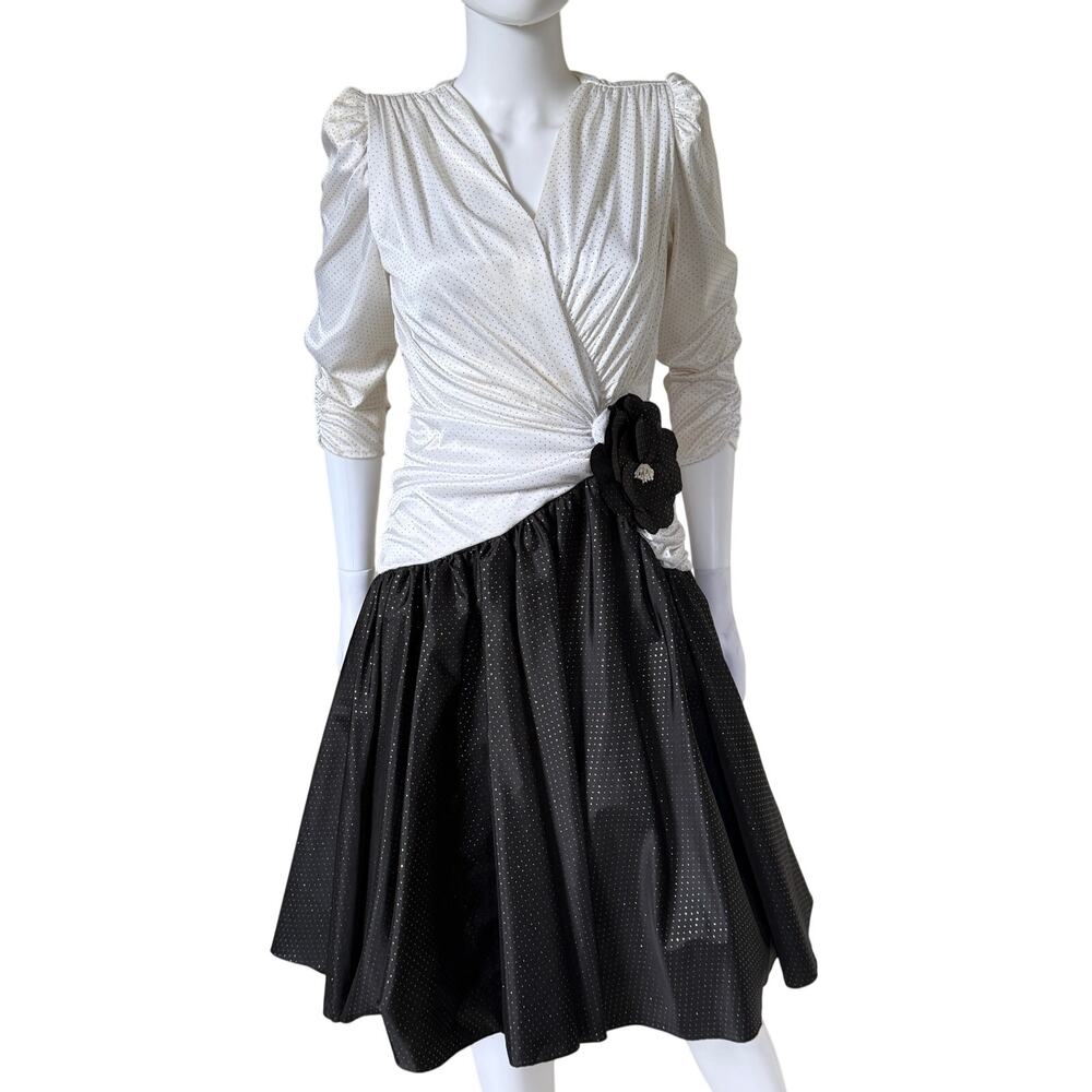 Vintage 80s Avant Garde Black White Metallic Cocktail Dress USA